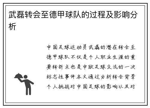 武磊转会至德甲球队的过程及影响分析